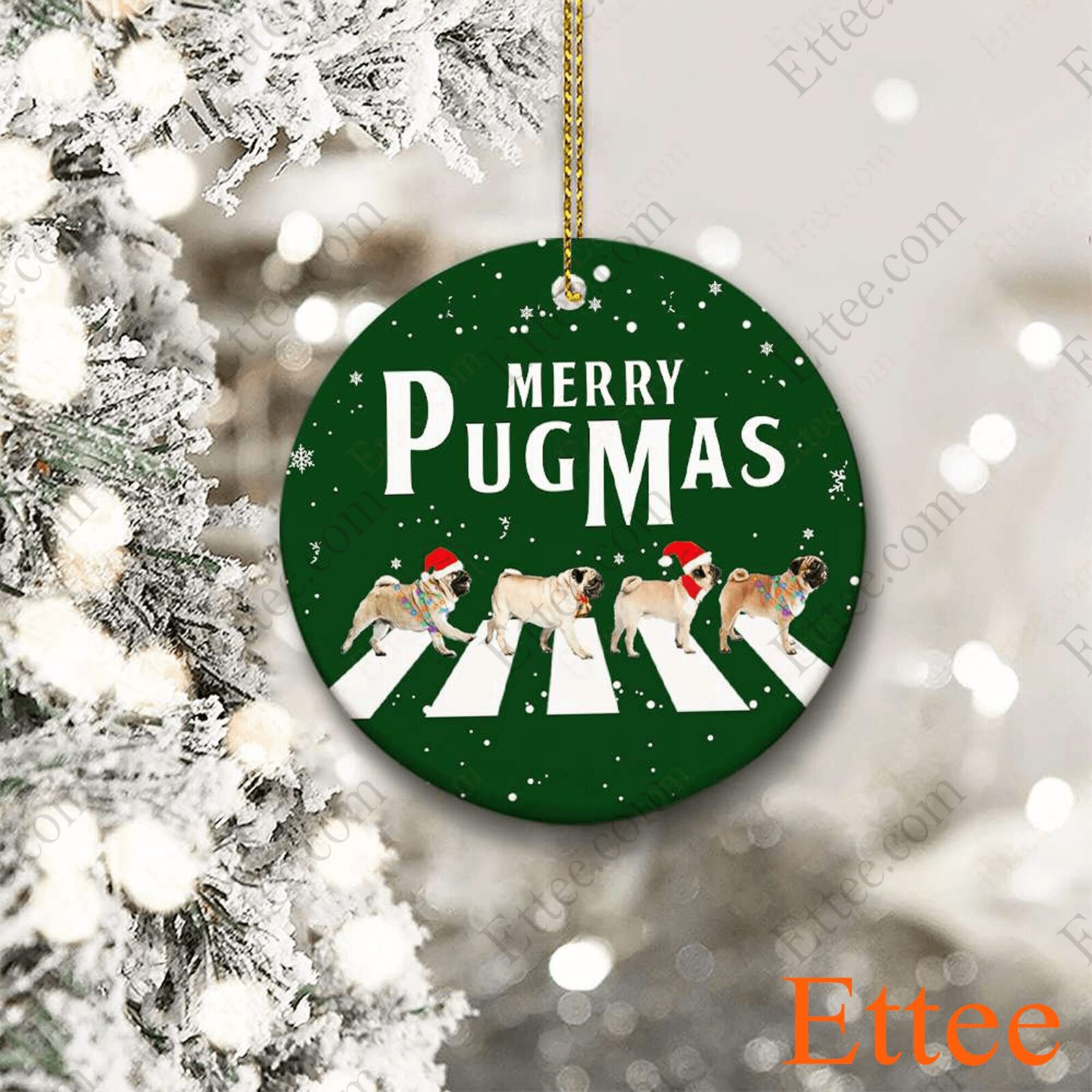 Pug Round Ceramic Ornament , Merry Pugmas 2022 - Ettee - Ceramic ornament