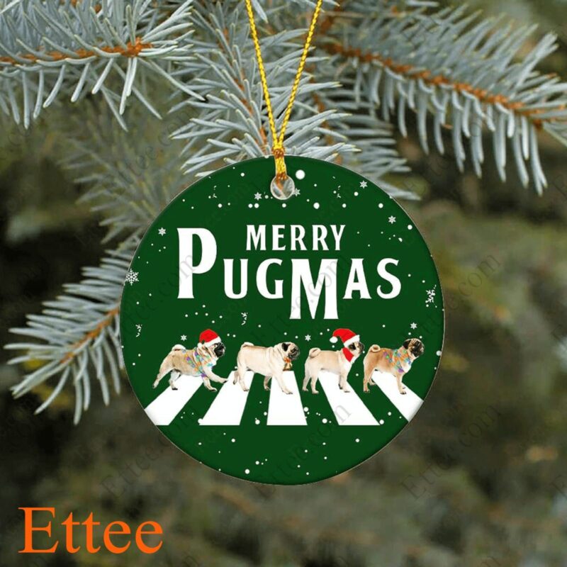 Pug Round Ceramic Ornament , Merry Pugmas 2022
