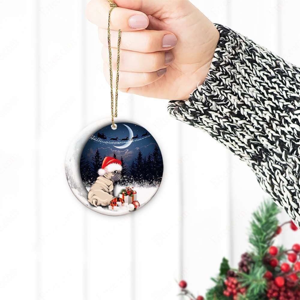 Pug Sitting On Moon Ceramic Ornament, Puggy Unique Gift 2022 - Ettee - Ceramic ornament