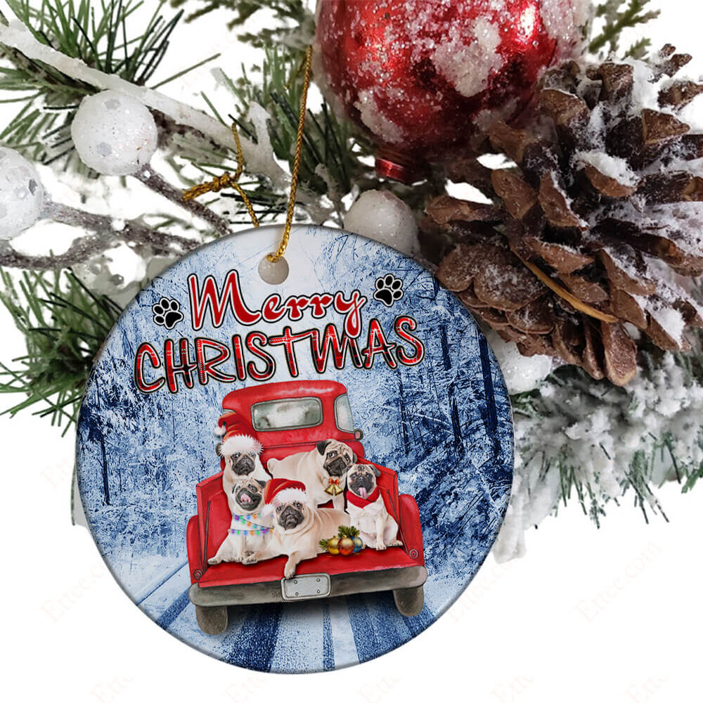 Pugs Pickup Truck Ceramic Ornament, Special Christmas Gift 2022 - Ettee - Ceramic ornament