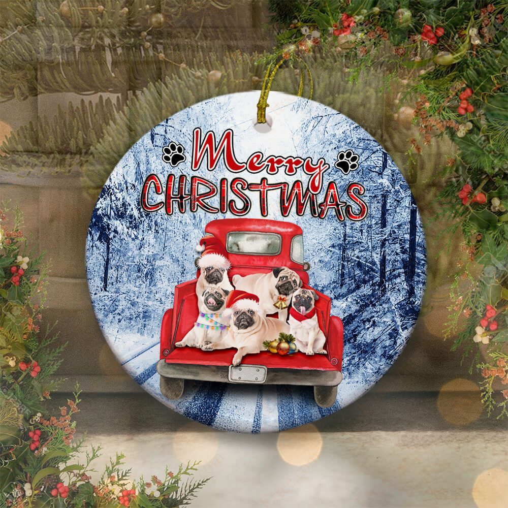 Pugs Pickup Truck Ceramic Ornament, Special Christmas Gift 2022 - Ettee - Ceramic ornament