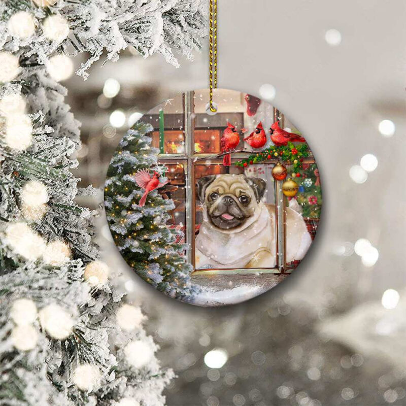 Pug Dog Sitting In Window Ceramic Ornament, Christmas 2022 Gift