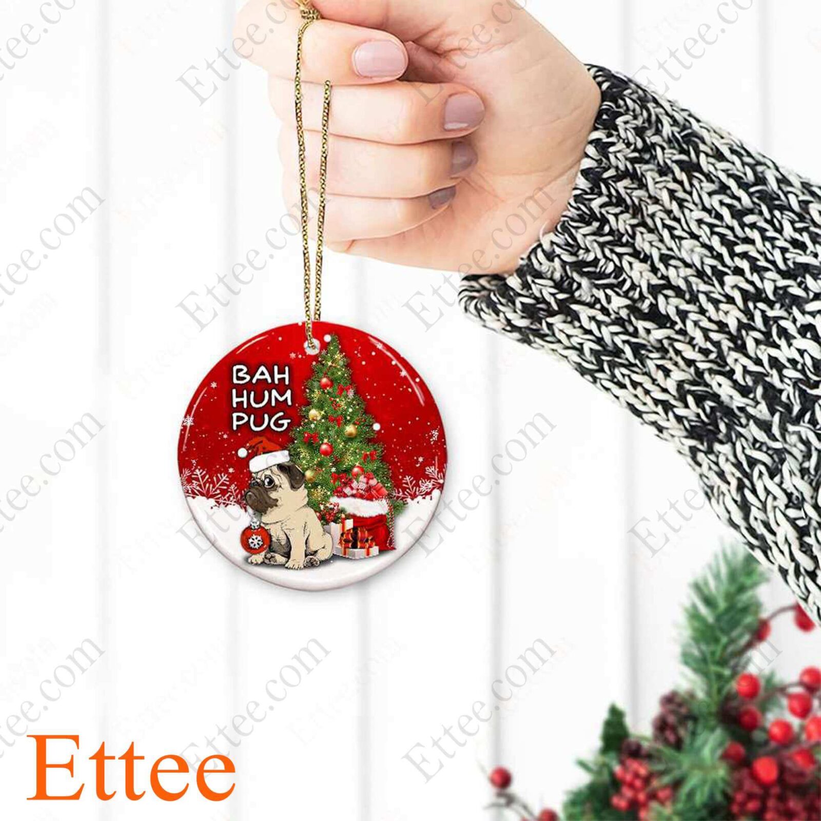 Pug Dog Ceramic Ornament, Bah Hum Pug Christmas Gift - Ettee - Bah Hum Pug