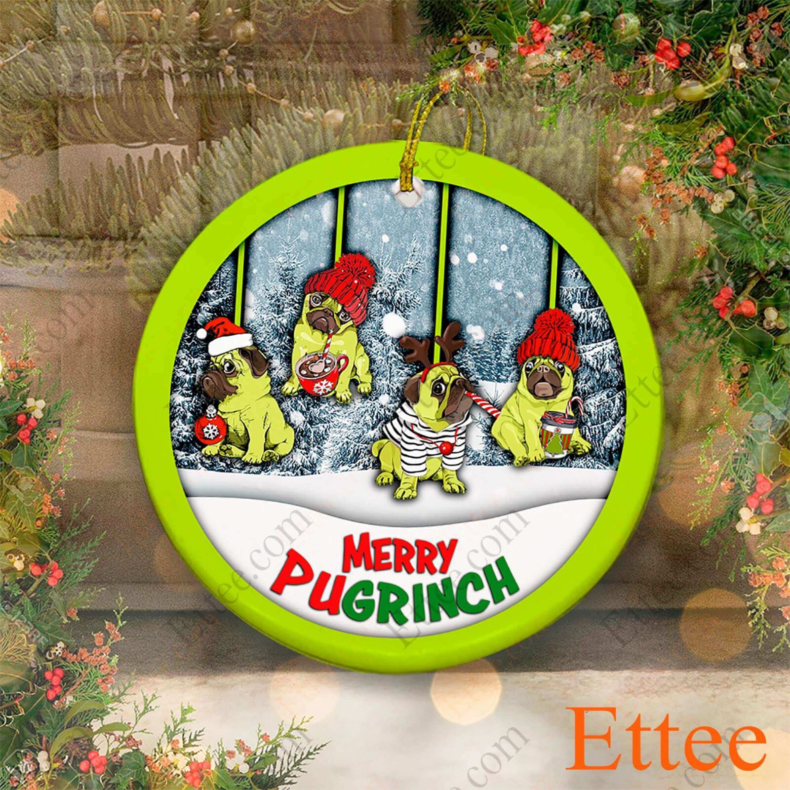 Pug Ceramic Ornament, Merry Pugrinch Christmas Gift - Ettee - Ceramic ornament