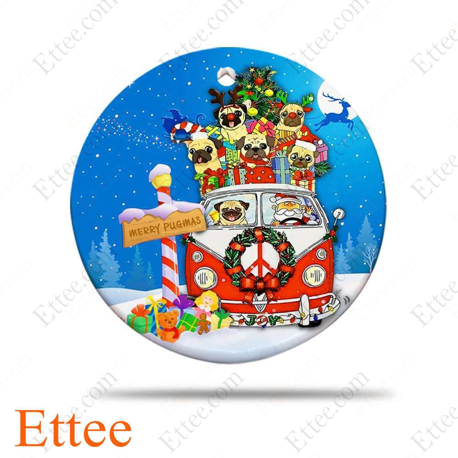 Hippie Pug Christmas Ornament, Merry Pugmas 2022 - Ettee - Christmas decoration