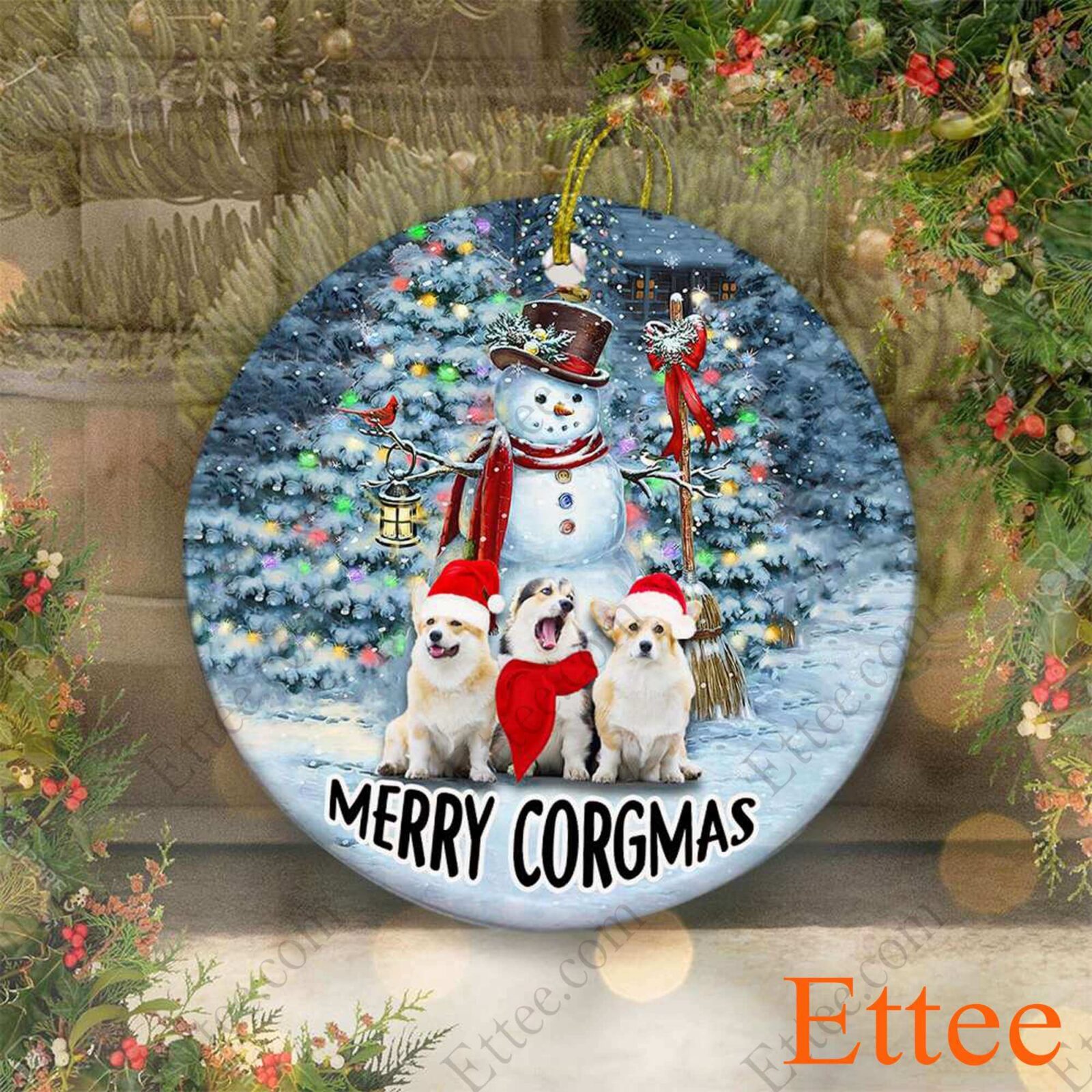 Snowman Corgi Dog Ceramic Ornament, Christmas Gift for Dog Lover - Ettee - Ceramic ornament