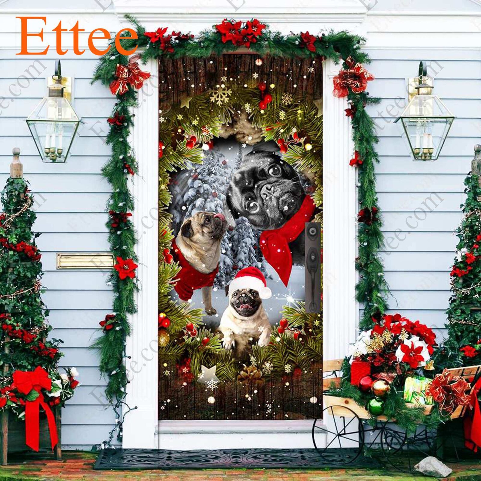 Pugs Peeking Dogs Door Cover, 2022 Christmas Home Decoration For Pug Lovers - Ettee - 2022