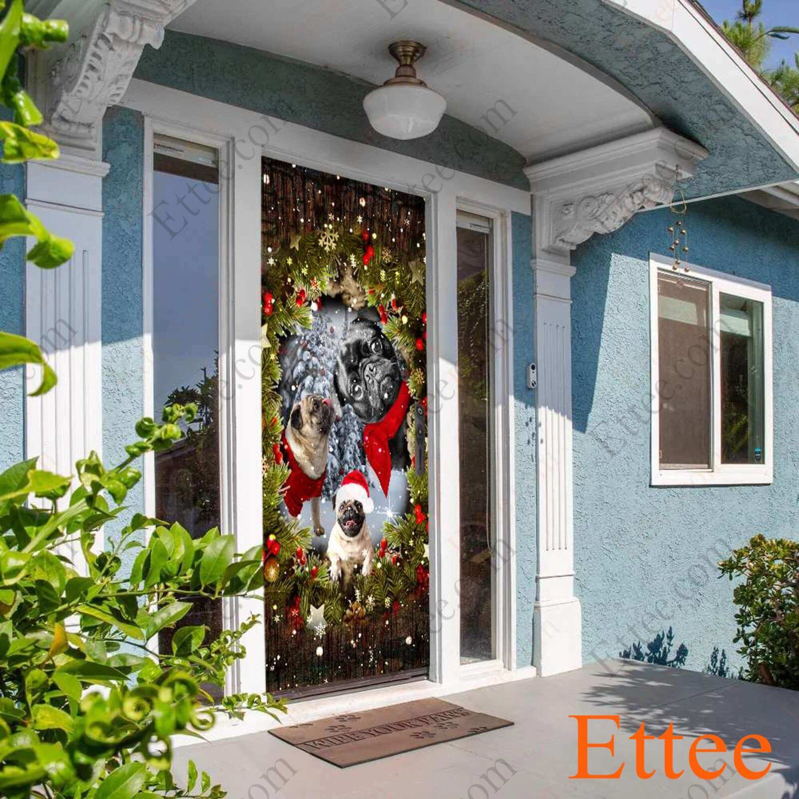 Pugs Peeking Dogs Door Cover, 2022 Christmas Home Decoration For Pug Lovers - Ettee - 2022