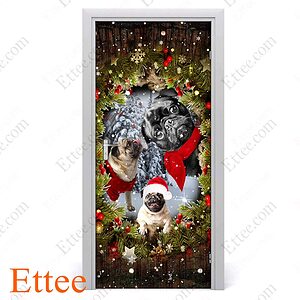 Pugs Peeking Dogs Door Cover, 2022 Christmas Home Decoration For Pug Lovers - Ettee - 2022