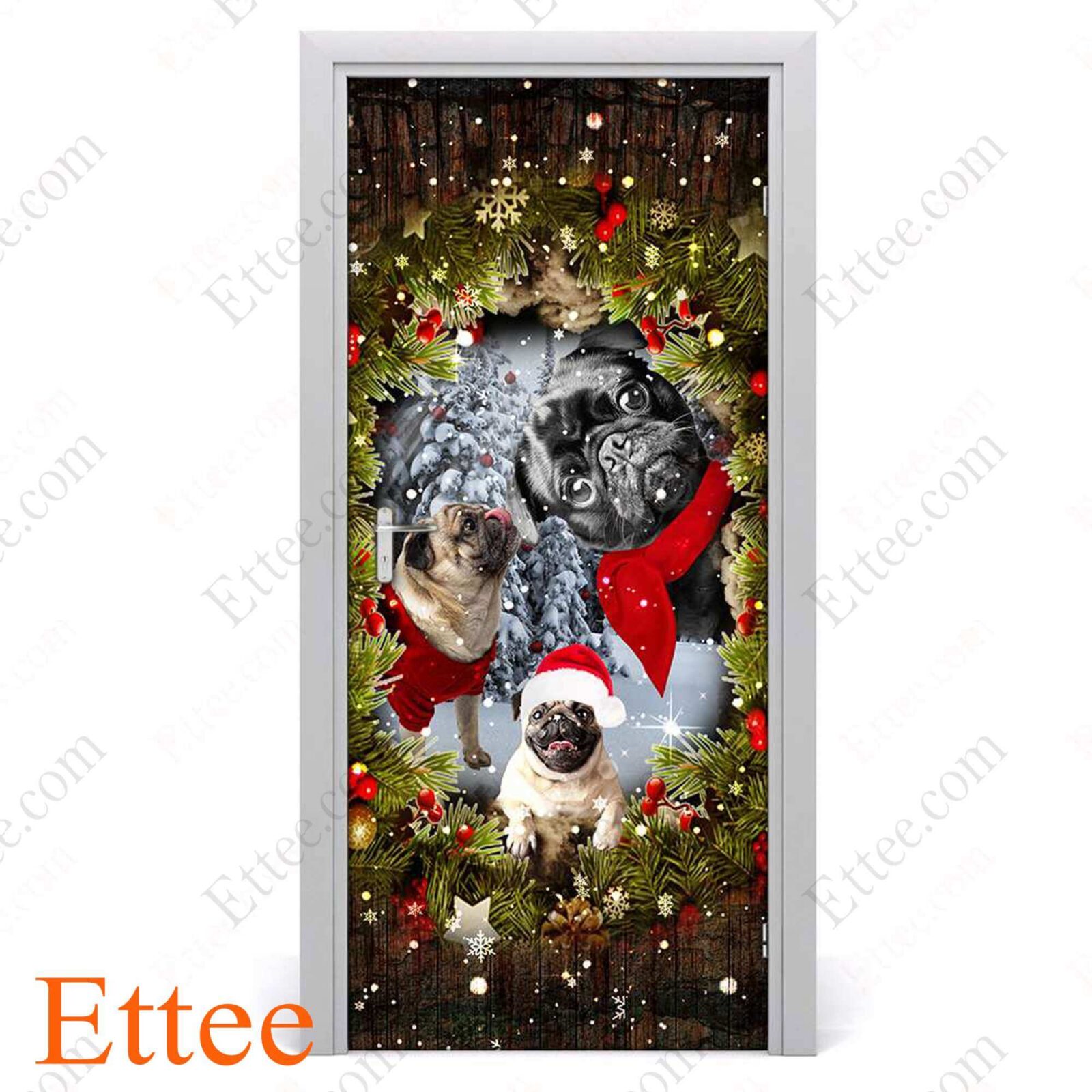 Pugs Peeking Dogs Door Cover, 2022 Christmas Home Decoration For Pug Lovers - Ettee - 2022