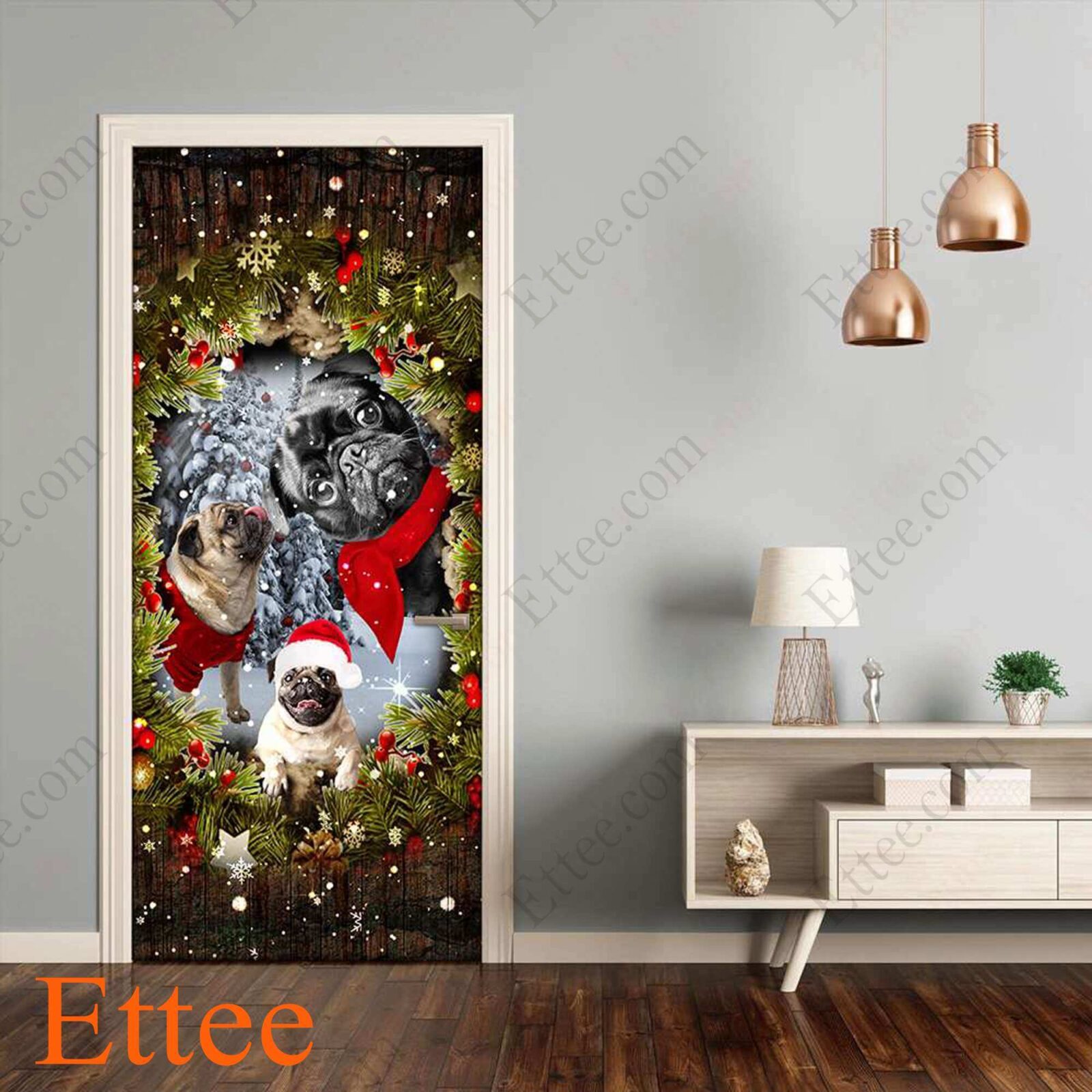 Pugs Peeking Dogs Door Cover, 2022 Christmas Home Decoration For Pug Lovers - Ettee - 2022