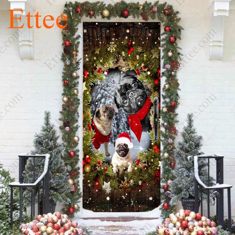 Pugs Peeking Dogs Door Cover, 2022 Christmas Home Decoration For Pug Lovers