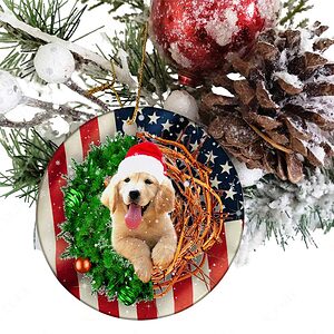 Golden Retriever American Wreath Ceramic Ornament, Perfect Gift 2022 - Ettee - 2022