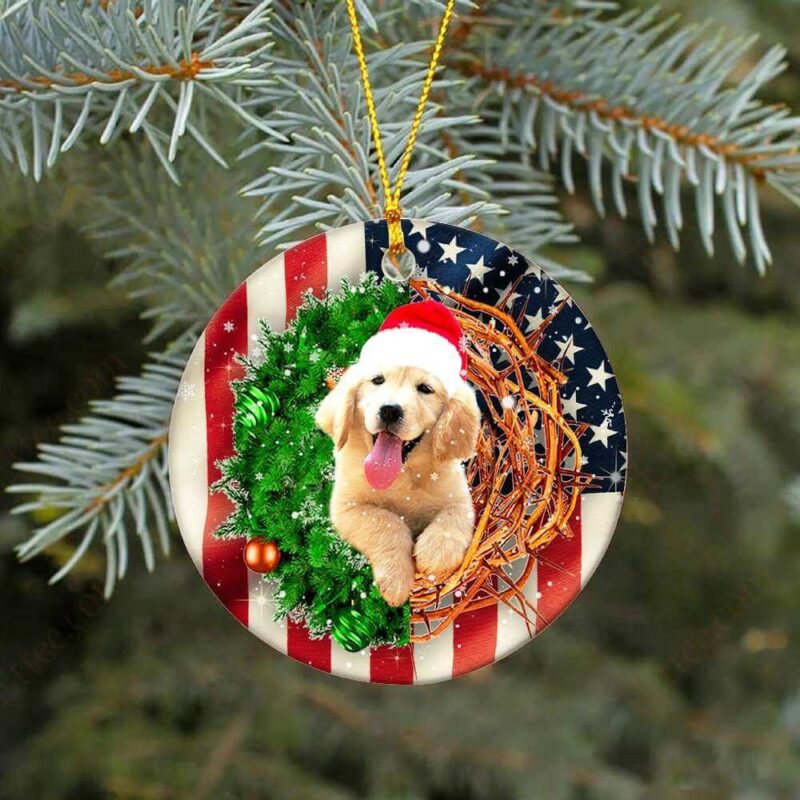 Golden Retriever American Wreath Ceramic Ornament, Perfect Gift 2022