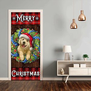 Golden Retriever Wreath Door Cover, Christmas Decoration - Ettee - christmas