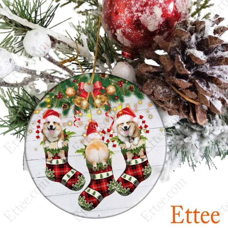 Cute Corgis In Socks Ceramic Ornament, Christmas 2022 Gift For Dog Lovers