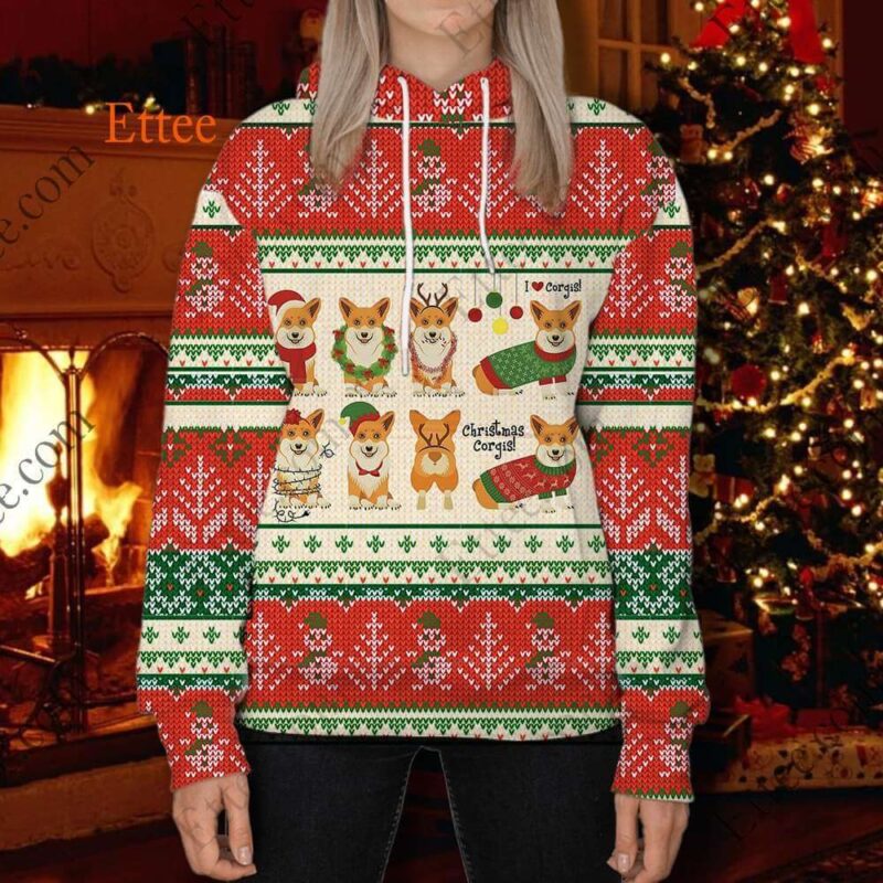 Christmas Corgis 3D Unisex Hoodie, 2022 Dog Gift For Corgi Lovers