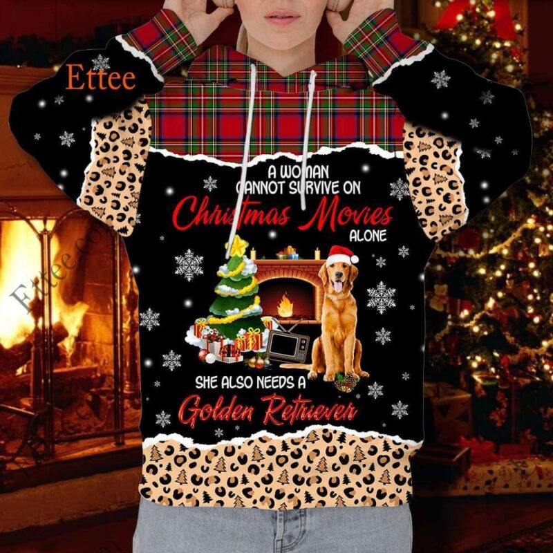Golden Retriever 3D Hoodie, A Woman Cannot Survive On Christmas Movies Alone