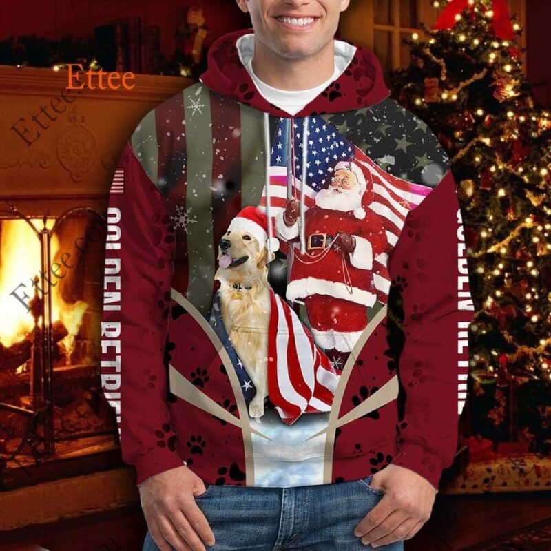 Golden Retriever Santa Claus 3D Unisex Hoodie, US Dog Gift 2022