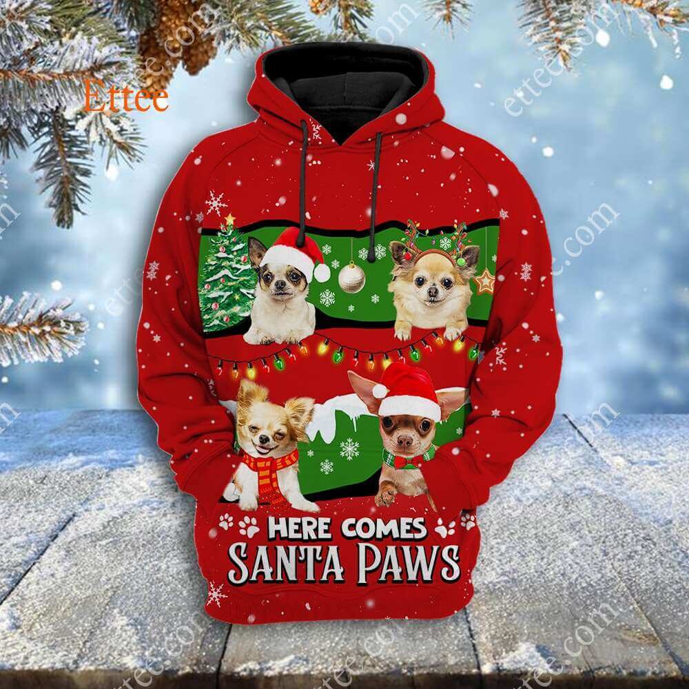 Chihuahua Cute Dog 3D Unisex Hoodie, Here Comes Santa Paws - Ettee - 3D