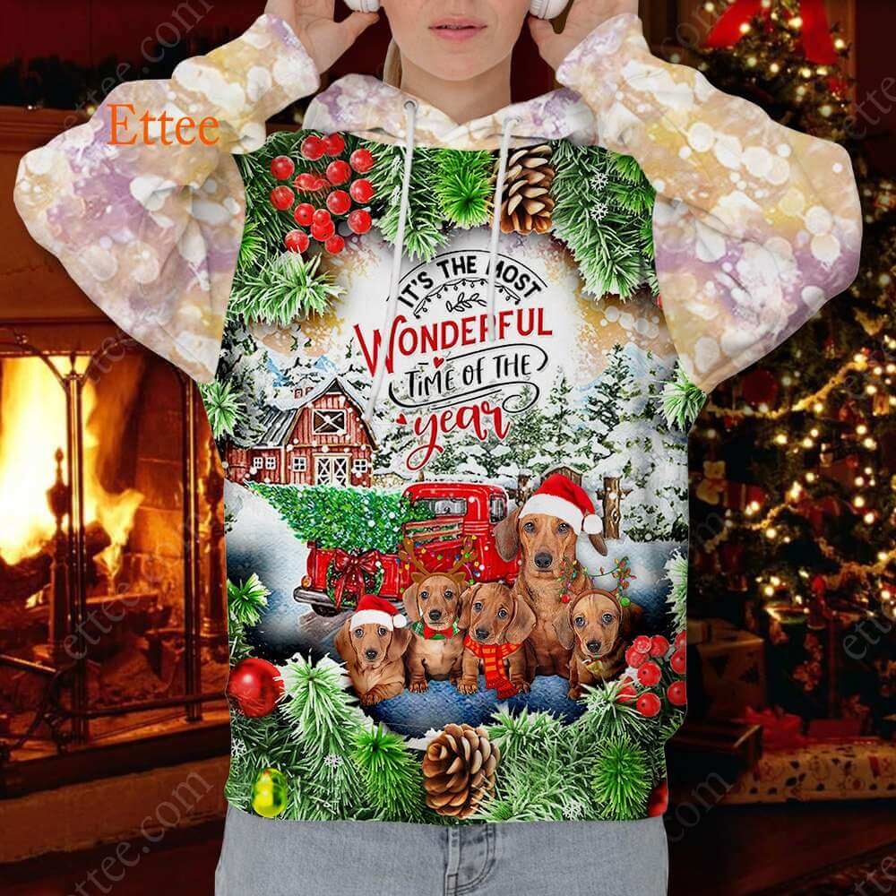 Dachshund Dog Christmas 3D Unisex Hoodie, It's The Most Wonderful Time Of The Year - Ettee - 3D