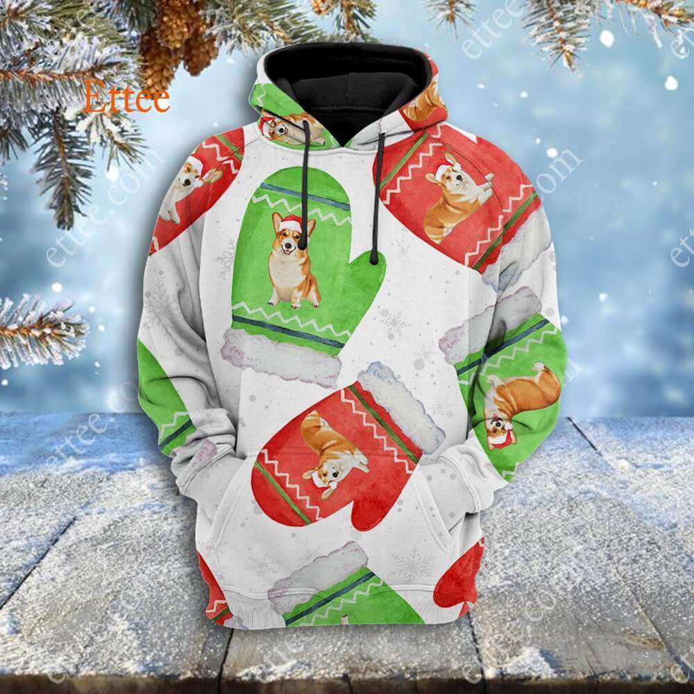 Corgi Cute Gloves Christmas 3D Unisex Hoodie - Ettee - 3D