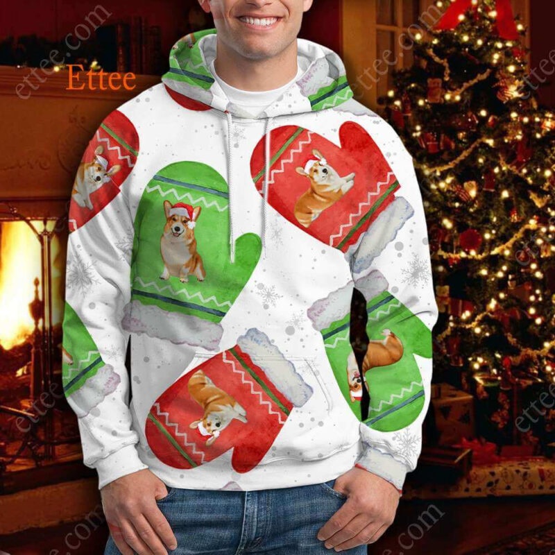 Corgi Cute Gloves Christmas 3D Unisex Hoodie