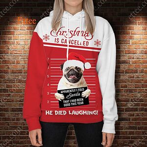 Pug Funny 3D Unisex Hoodie, Christmas Is Cancelled Santa Died Laughing - Ettee - 3D