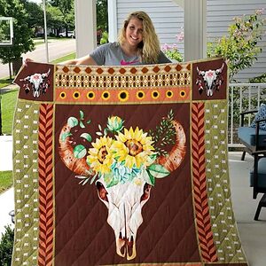 Hunting Skull Wearing Sunflower Quilt Blanket Great Customized Gifts For Birthday Christmas Thanksgiving Perfect Gifts For Sunflower Lover - Twin - Ettee