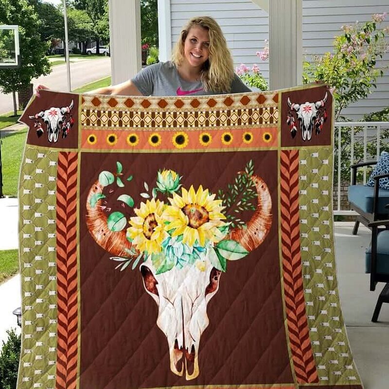 Hunting Skull Wearing Sunflower Quilt Blanket Great Customized Gifts For Birthday Christmas Thanksgiving Perfect Gifts For Sunflower Lover - Twin - Ettee