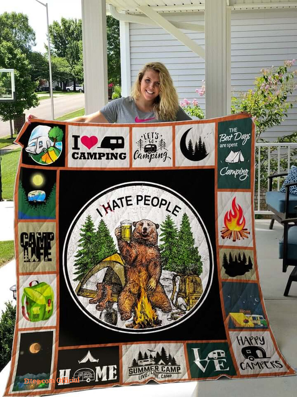 Camping Bear Drinks Beer I Hate People Quilt Blanket Great Customized Blanket Gifts For Birthday Christmas Thanksgiving - Twin - Ettee