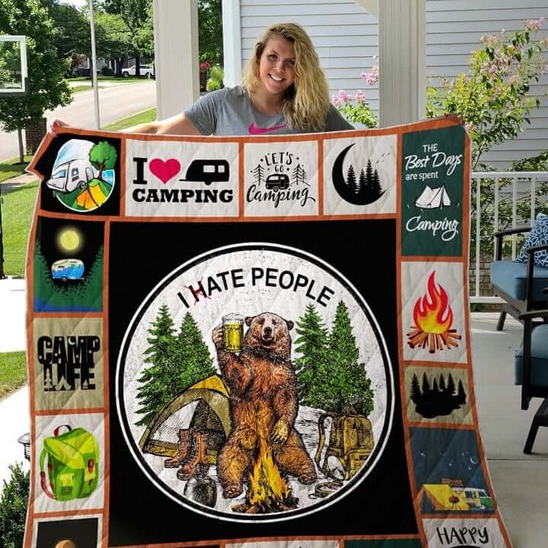 Camping Bear Drinks Beer I Hate People Quilt Blanket Great Customized Blanket Gifts For Birthday Christmas Thanksgiving - Ettee - Bear
