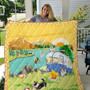 Camping Welsh Corgi By The River Quilt Blanket Great Customized Blanket Gifts For Birthday Christmas Thanksgiving - Twin - Ettee