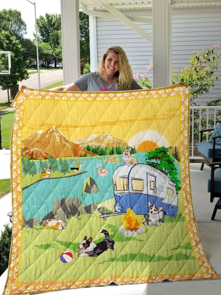 Camping Welsh Corgi By The River Quilt Blanket Great Customized Blanket Gifts For Birthday Christmas Thanksgiving