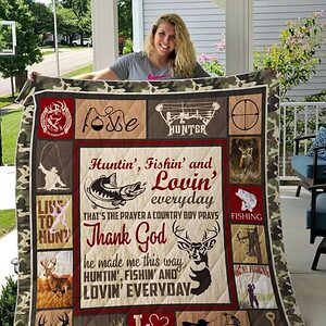 Hunting Fishing He Made Me This Way Quilt Blanket Great Gifts For Fishing And Hunting Lover - Ettee - fishing