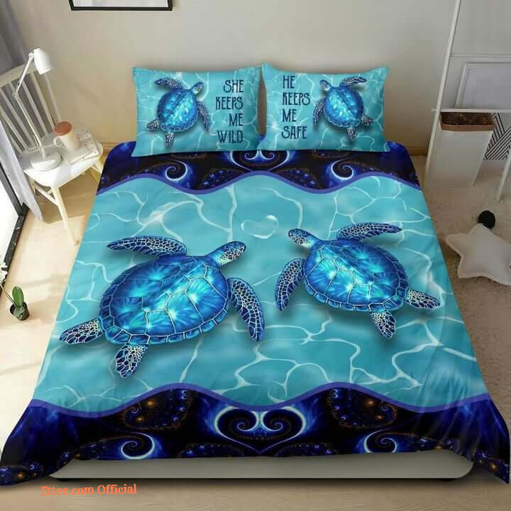 3D Sea Turtle She Keeps Me Wild He Keeps Me Save Cotton Bed Sheets Spread Comforter Duvet Cover Bedding Sets