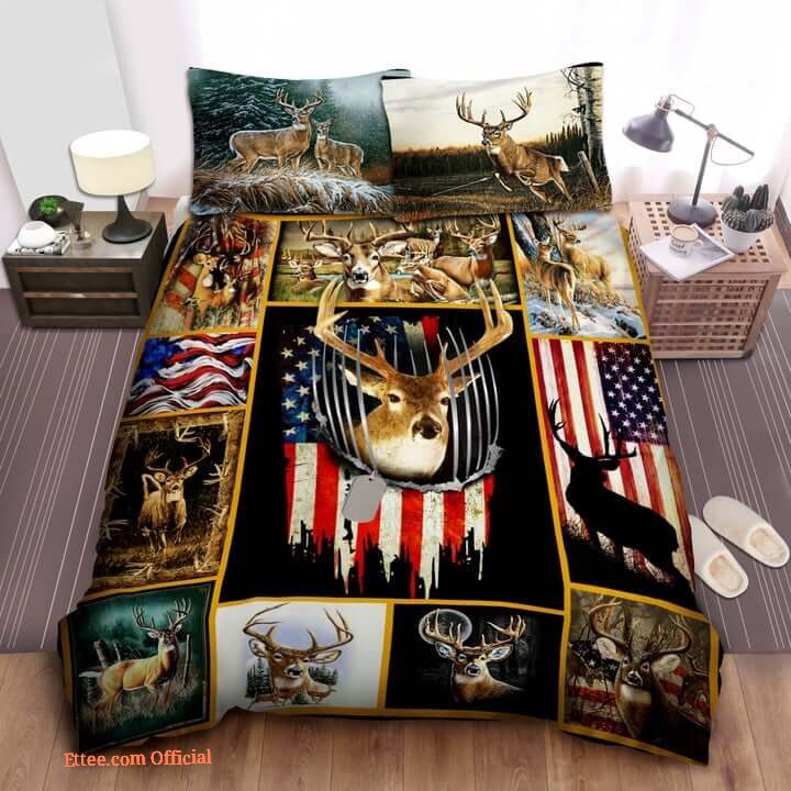 Deer Hunting American Flag Cotton Bed Sheets Spread Comforter Bedding Sets