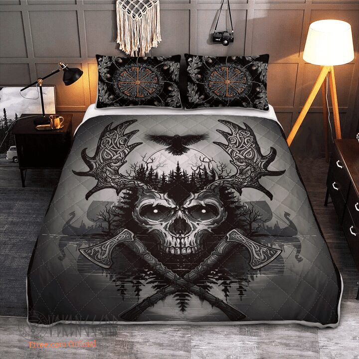 Viking Raven And Skull - Viking Quilt Bedding Set