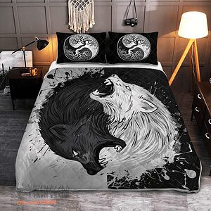 Skoll And Hati - Sons Of Fenrir - Viking Quilt Bedding Set - King - Ettee
