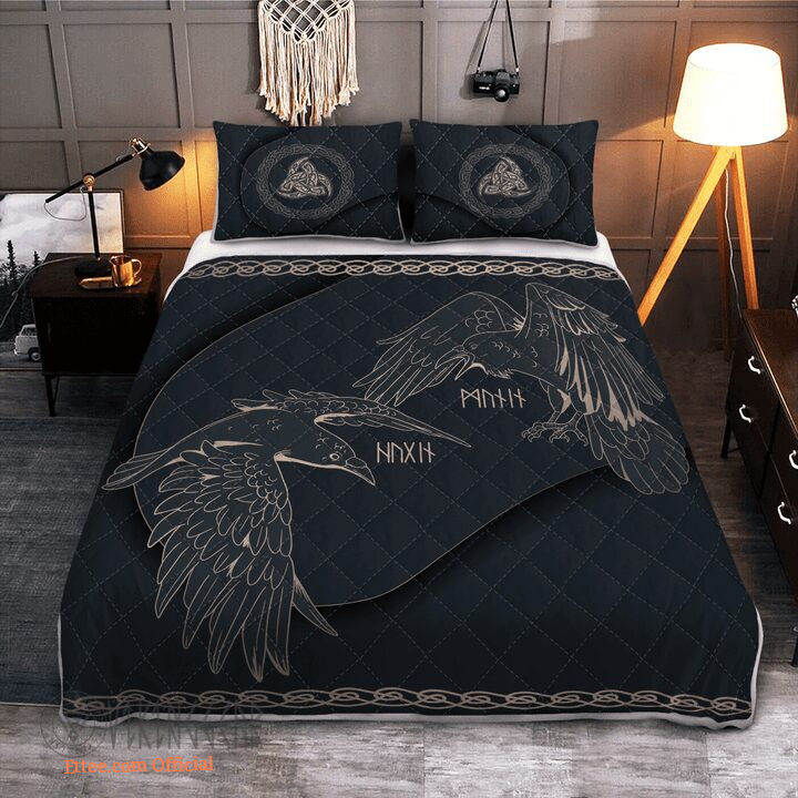 Odin'S Ravens - Huginn And Muninn - Viking Quilt Bedding Set