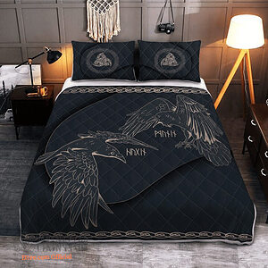 Odin'S Ravens - Huginn And Muninn - Viking Quilt Bedding Set - King - Ettee