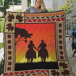 Horse Cowboy Couple At Dawn Quilt Blanket Great - Super King - Ettee