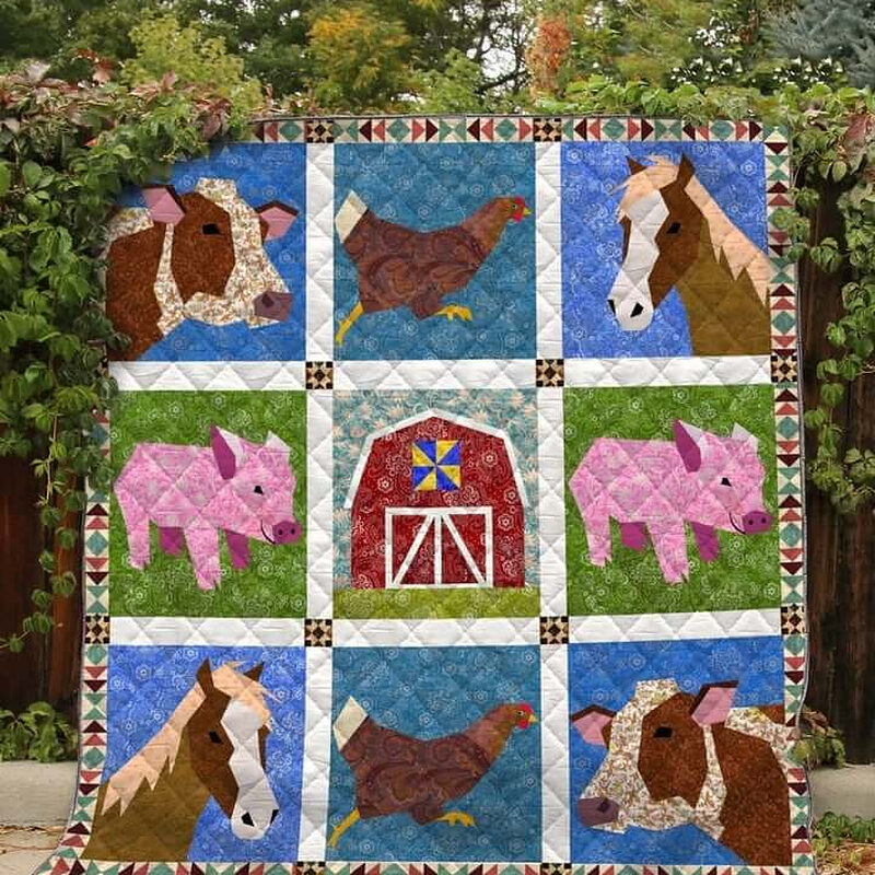 Animal Drawing Horse Chicken Pig Farm Animals Quilt Blanket Great Customized Blanket Gifts - Super King - Ettee