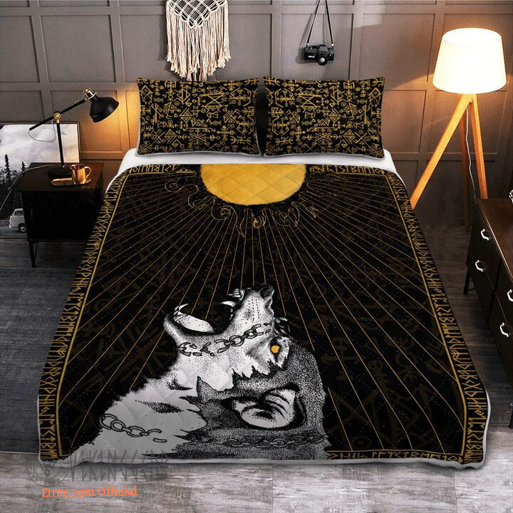 Viking Wolf Fenrir And Rune - Viking Quilt Bedding Set
