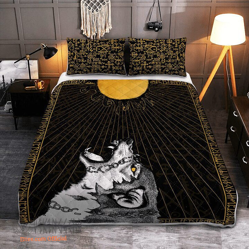 Viking Wolf Fenrir And Rune - Viking Quilt Bedding Set - King - Ettee