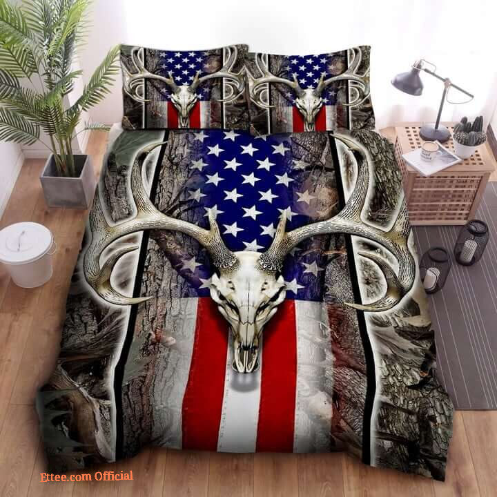 Hunting Deer American Flag Cotton Bed Sheets Spread Comforter Bedding Sets