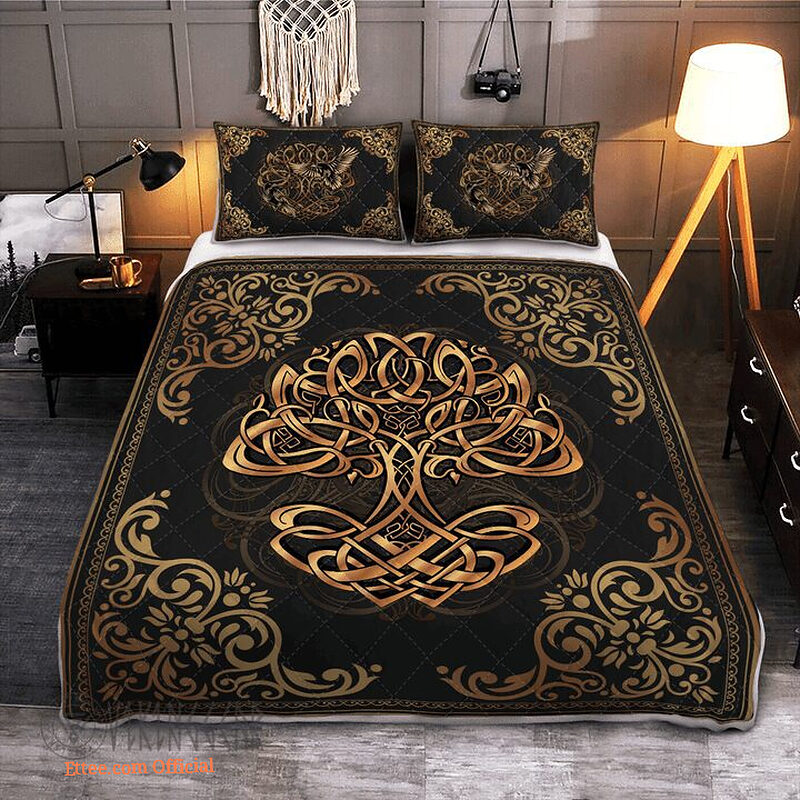 Yggdrasil - Odin'S Ravens Huginn And Muninn- Viking Quilt Bedding Set - King - Ettee