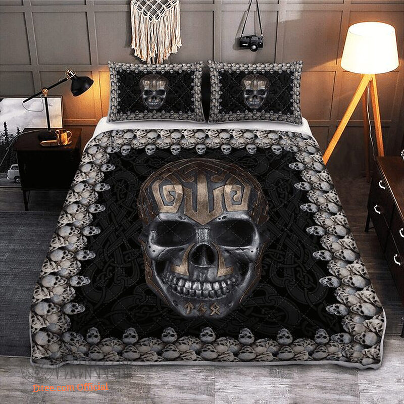 Viking Skull Halloween Skull - Viking Quilt Bedding Set - King - Ettee