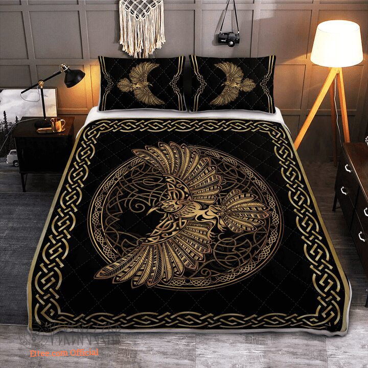 Odin'S Celtic Raven On The Background Yggdrasil Tree - Viking Quilt Bedding Set