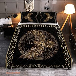 Odin'S Celtic Raven On The Background Yggdrasil Tree - Viking Quilt Bedding Set - King - Ettee